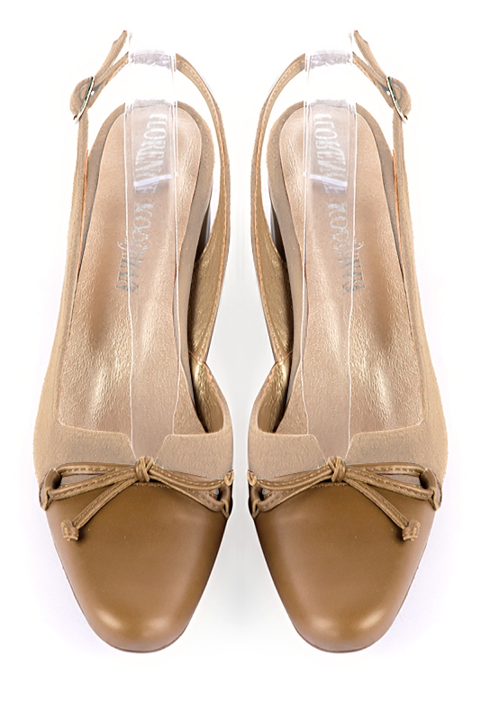 Camel beige women's open back shoes, with a knot. Round toe. Low kitten heels. Top view - Florence KOOIJMAN